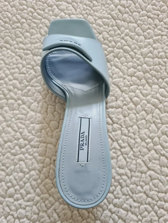 PRADA Burnished Leather Heeled Slide Sandals In Celeste EU 37.5 US 7.5 Org $1295 - Picture 15 of 16